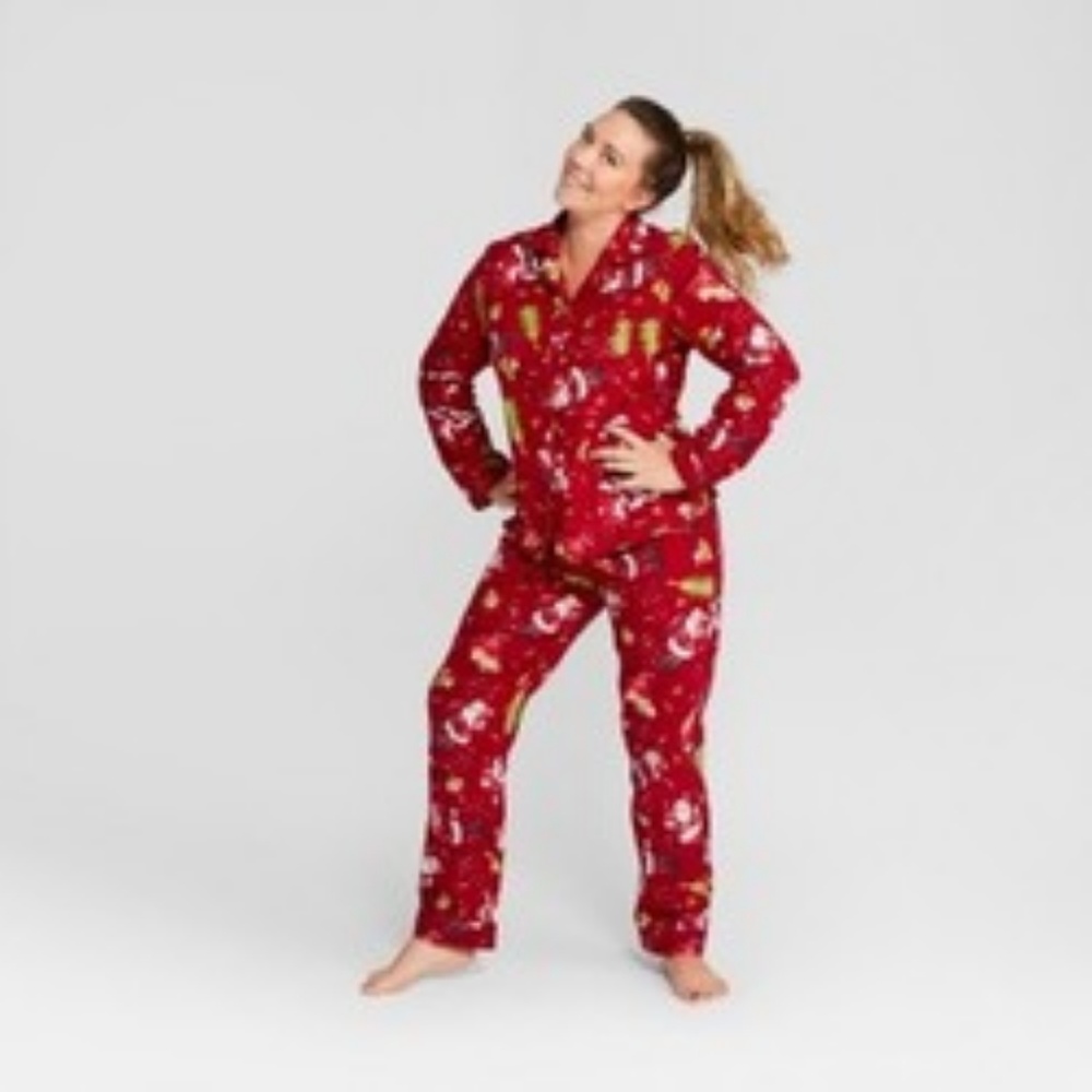 Women's Holiday Santa Notch Collar Coat Pajama Set